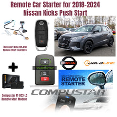 Remote car starter kit for 2018-2024 Nissan Kicks with remote control, harness, and module.