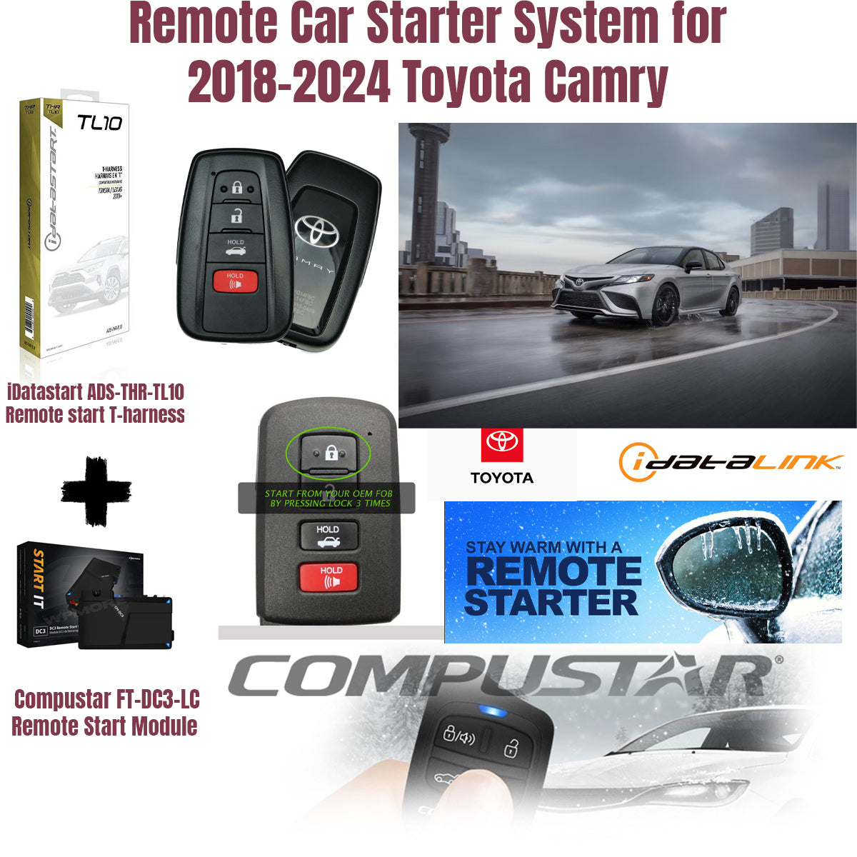 Remote car starter system for 2018-2024 Toyota Camry with packaging and product display.