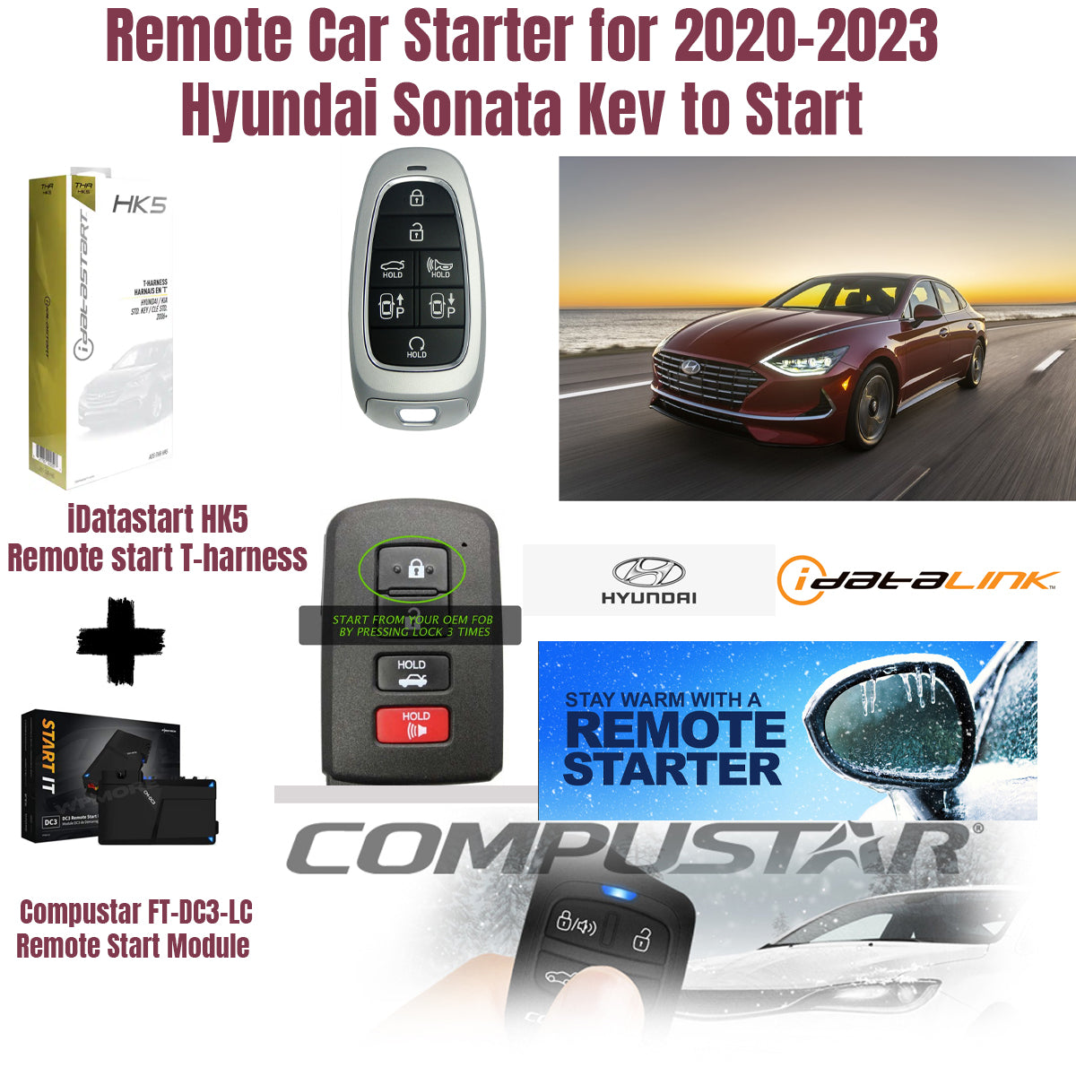Promotional image of remote car starter kit for 2020-2023 Hyundai Sonata with key to start.