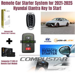 Remote car starter system for 2021-2025 Hyundai Elantra with key fob and car images.