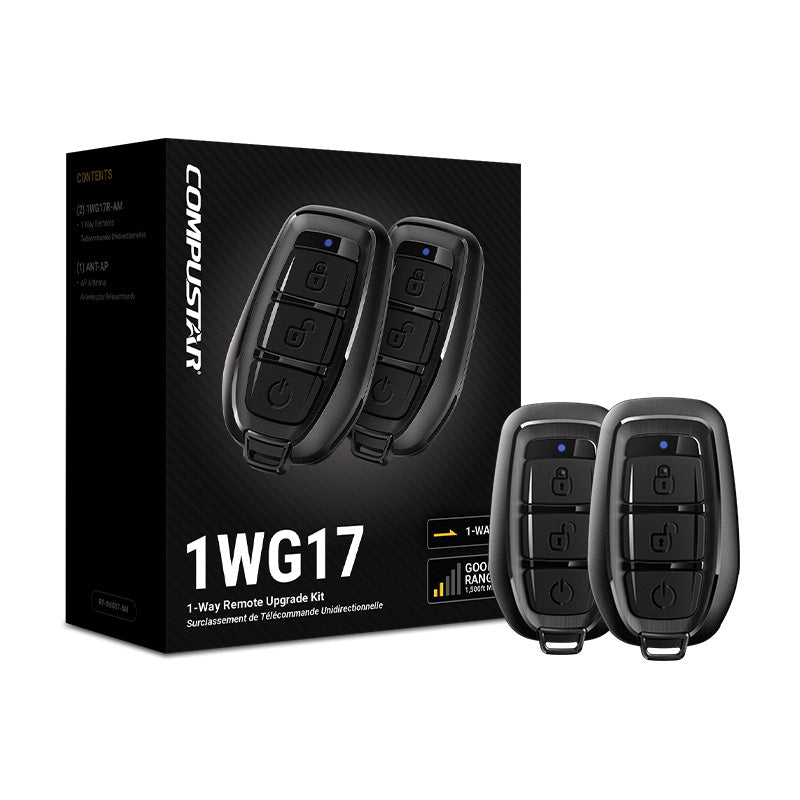 Compustar 1WG17 remote upgrade kit packaging with two remote controls on a white background