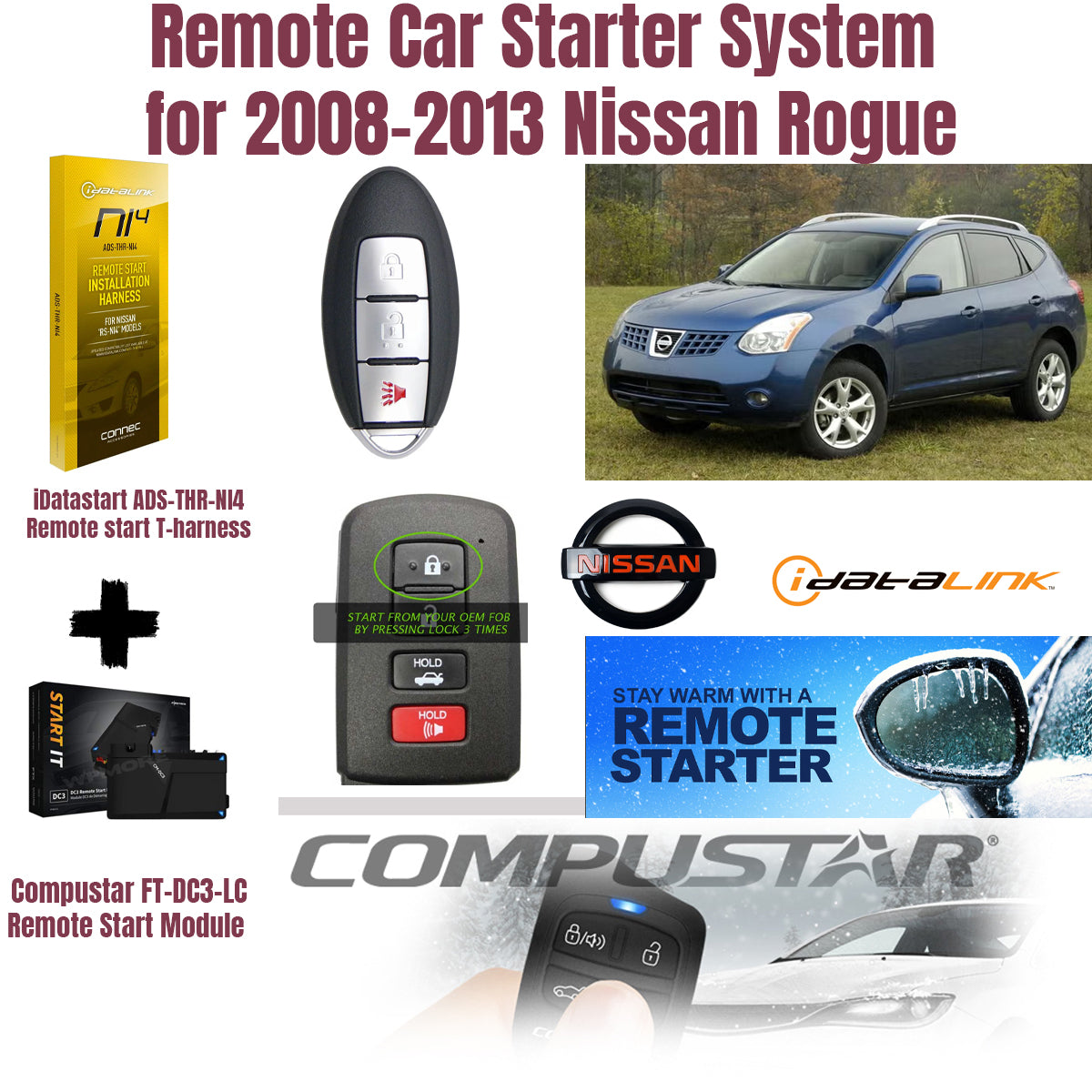 Remote car starter system for 2008-2013 Nissan Rogue with components and branding.