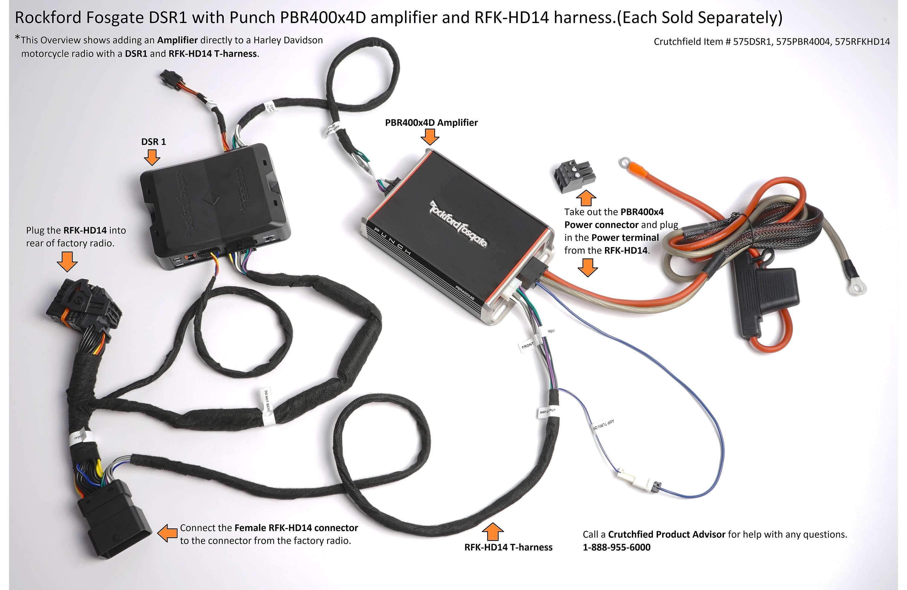 Rockford Fosgate car audio system components including DSR1, PBR400x4D amplifier, and RFK-HD14 harness on a white background.