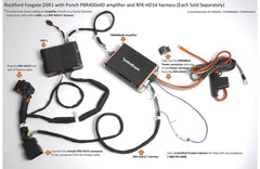 Rockford Fosgate car audio system components including DSR1, PBR400x4D amplifier, and RFK-HD14 harness on a white background.