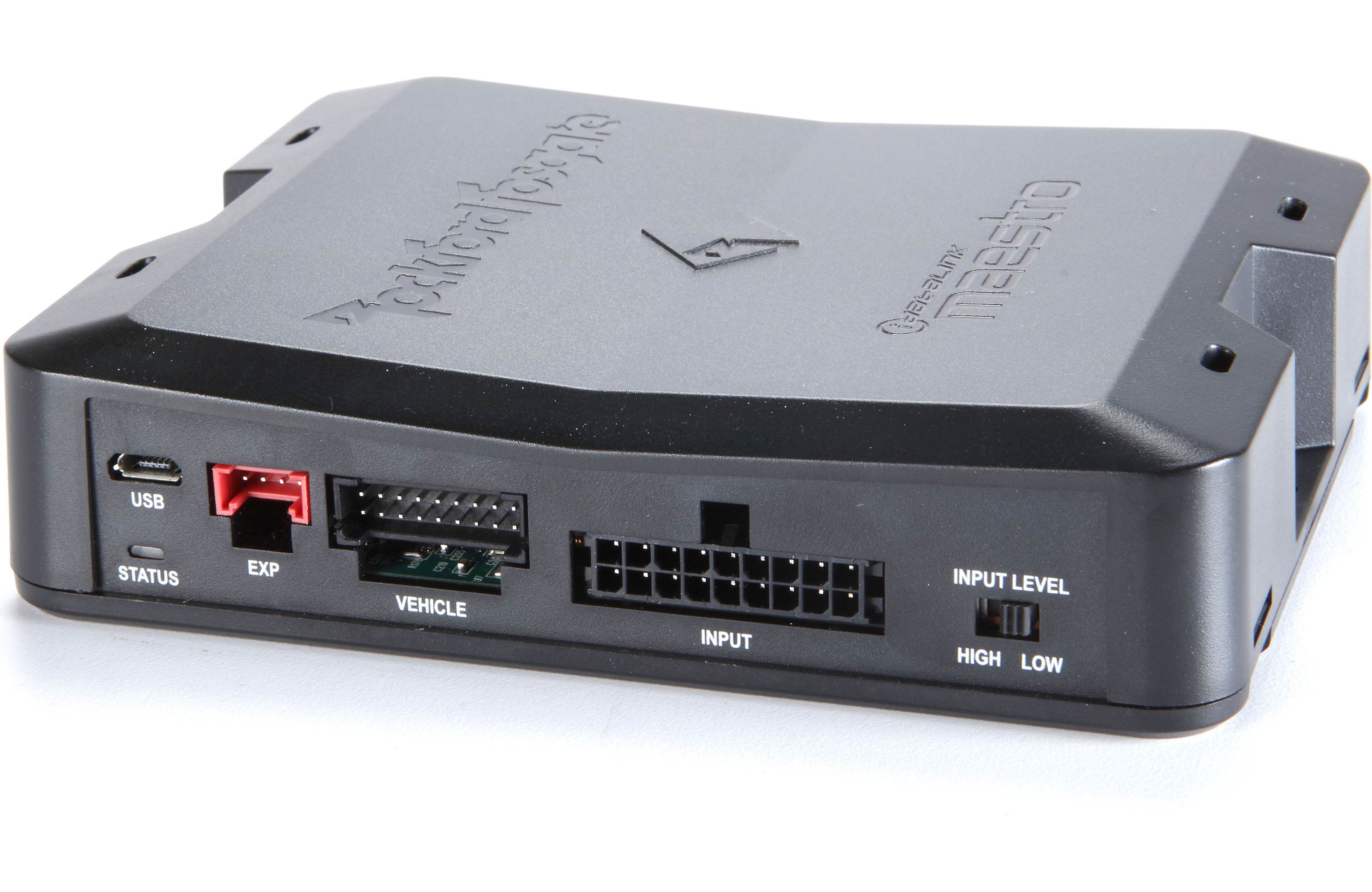Back view of a electronic device with various ports and labels on a white background