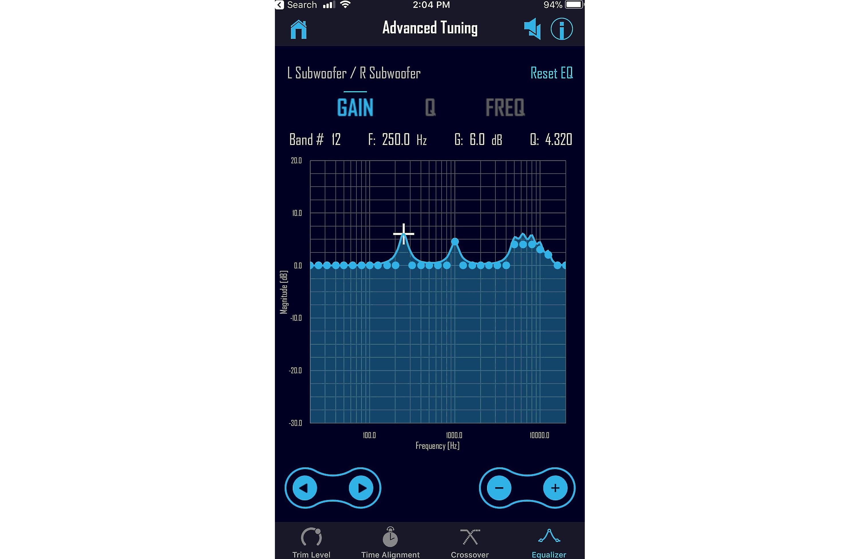 Phone screen displaying an audio equalizer app with blue interface on a white background