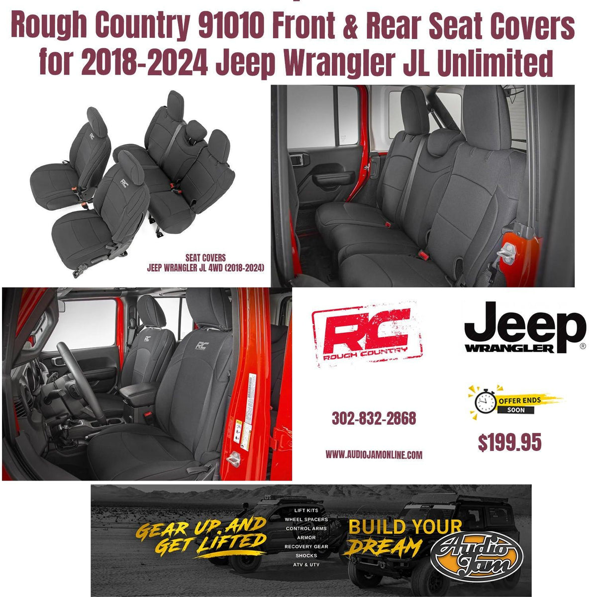 Rough Country Neoprene Seat Covers (fits) 2018-2024 Jeep Wrangler JL 4DR 1st/2nd Row | Water Resistant | 91010 , Black