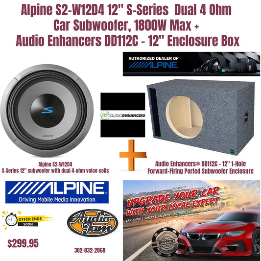 Alpine S2-W12D4 12" S-Series  Dual 4 Ohm  Car Subwoofer, 1800W Max +  Audio Enhancers DD112C - 12" Enclosure Box