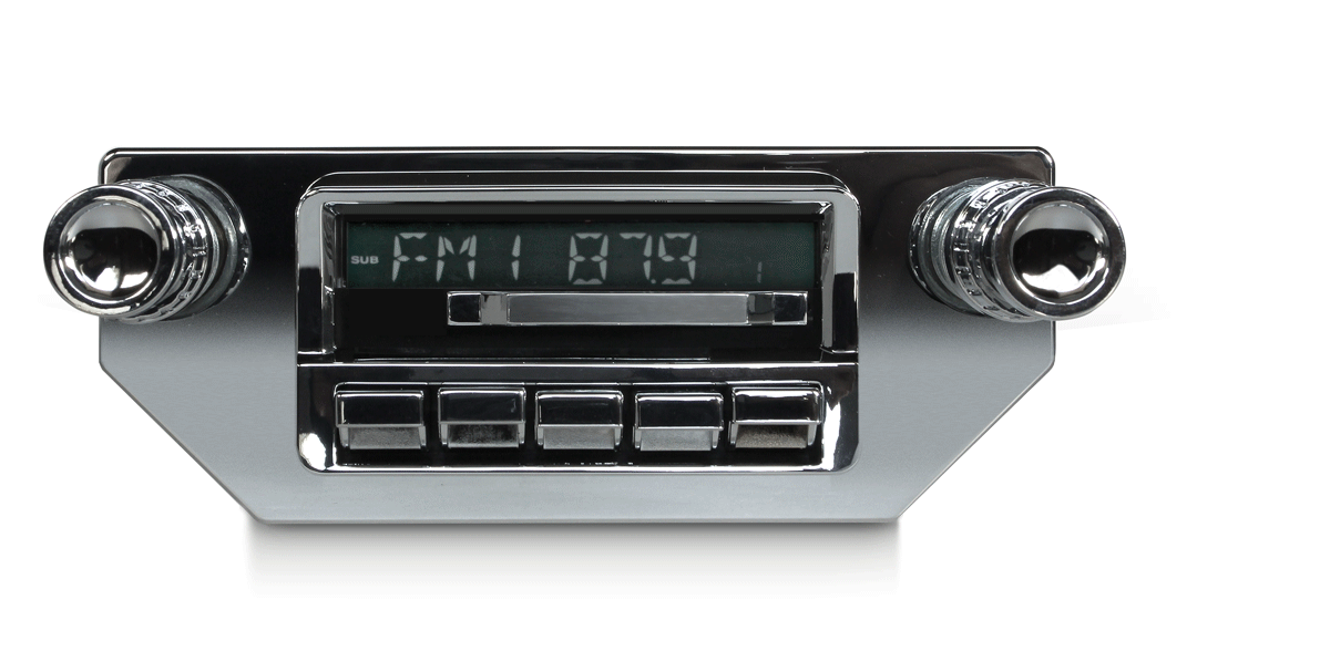 Vintage-style radio receiver with digital display on a white background