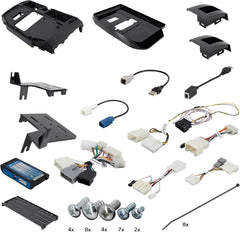 Collection of car audio and installation parts on a white background