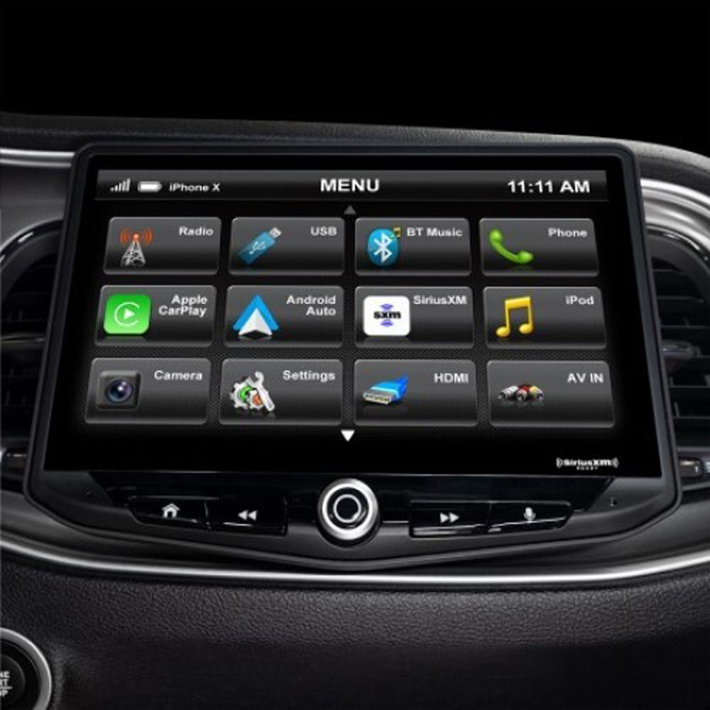 Car dashboard with a touchscreen display showing various function icons.