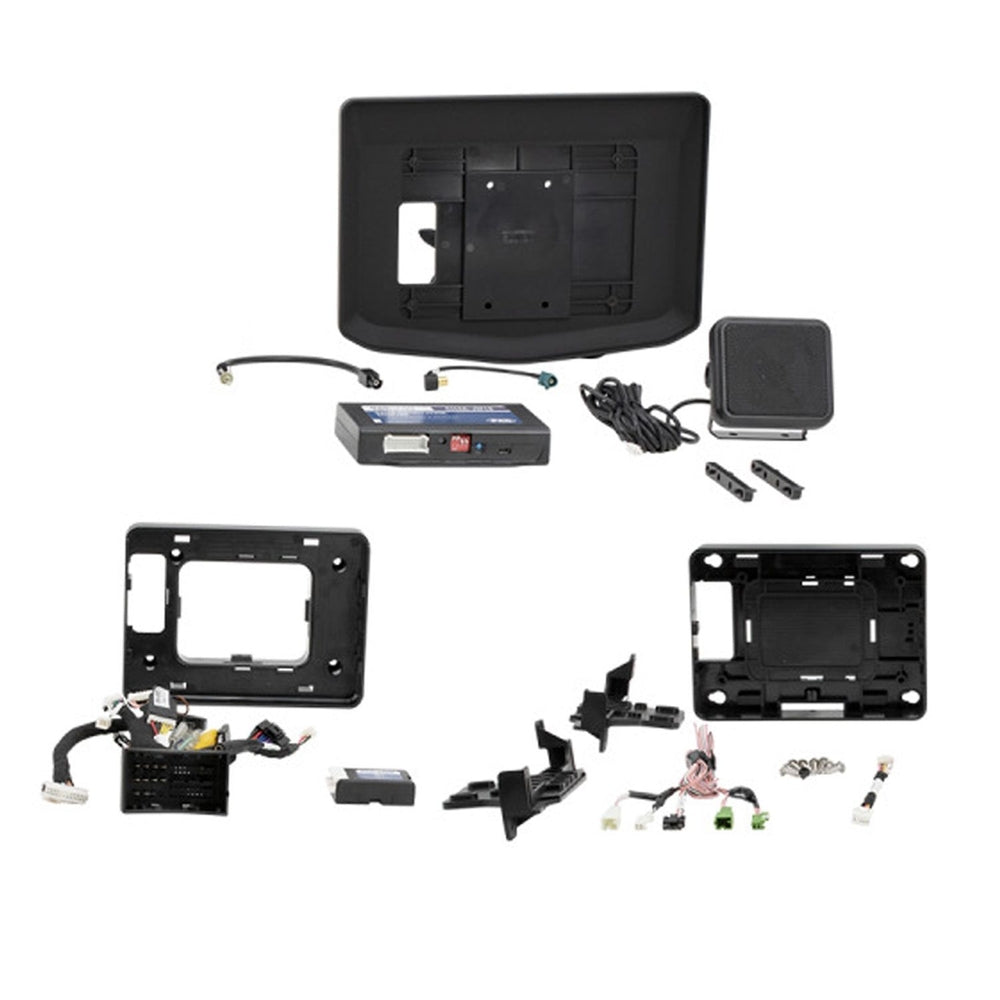 Collection of car audio components on a white background