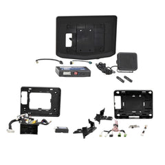 Collection of car audio components on a white background