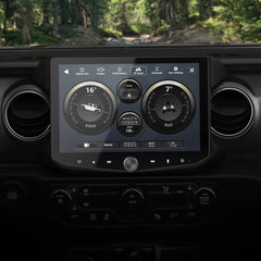 Car dashboard with digital display showing off-road vehicle information against a forest background