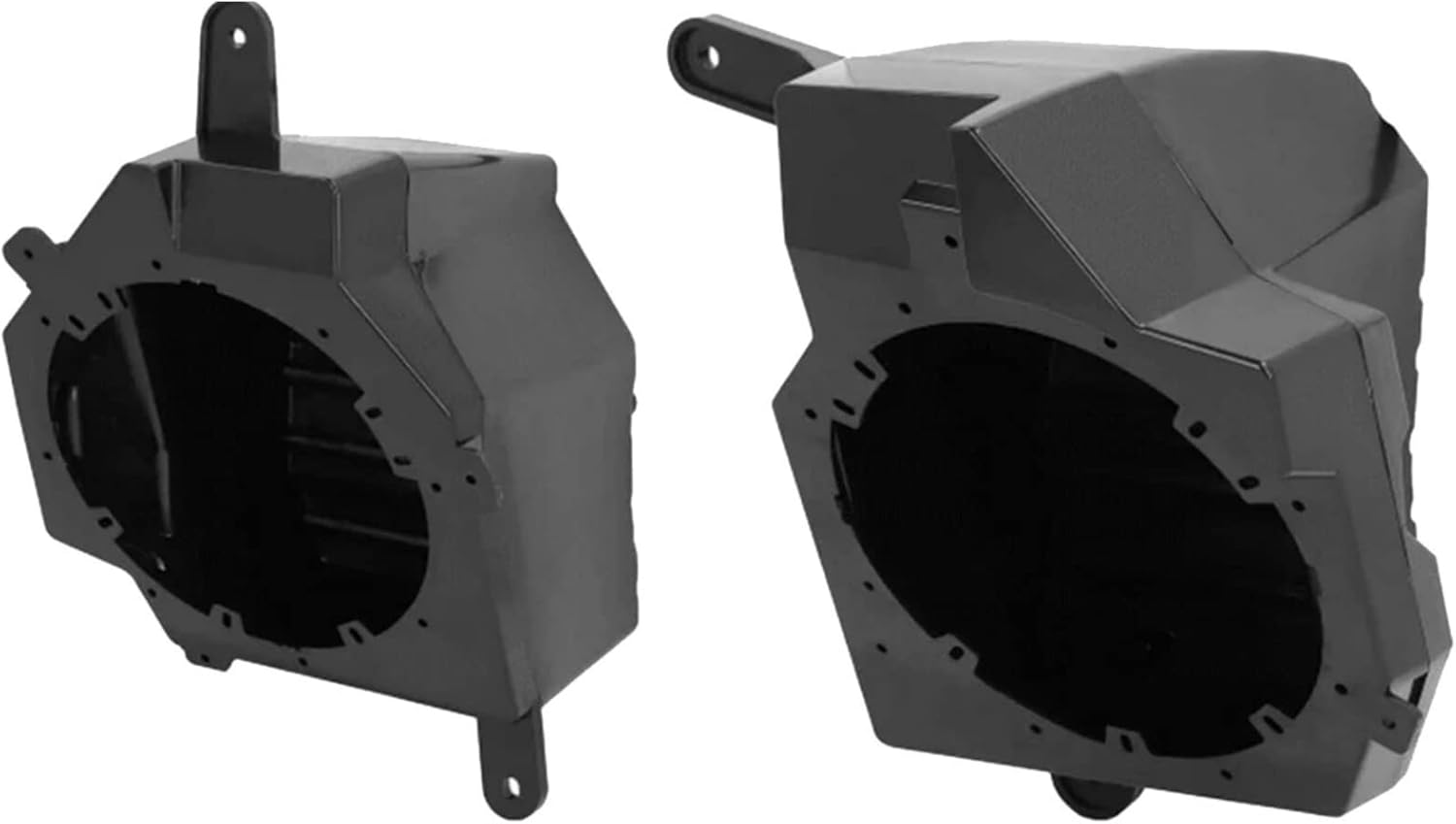 Two black speaker pods on a white background