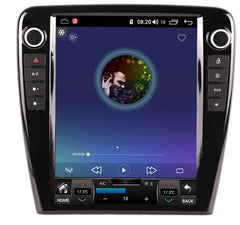 Car multimedia system with touchscreen display on a white background