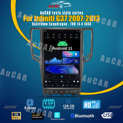 Car multimedia system with Android 11 display on a blue background with AuCAR branding.