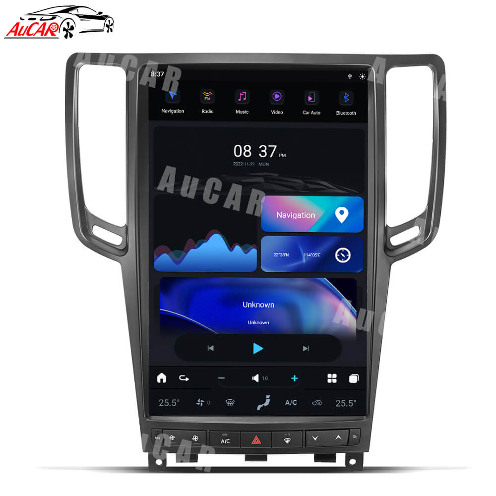 Car multimedia screen with navigation interface on a white background, featuring the Aucar brand.