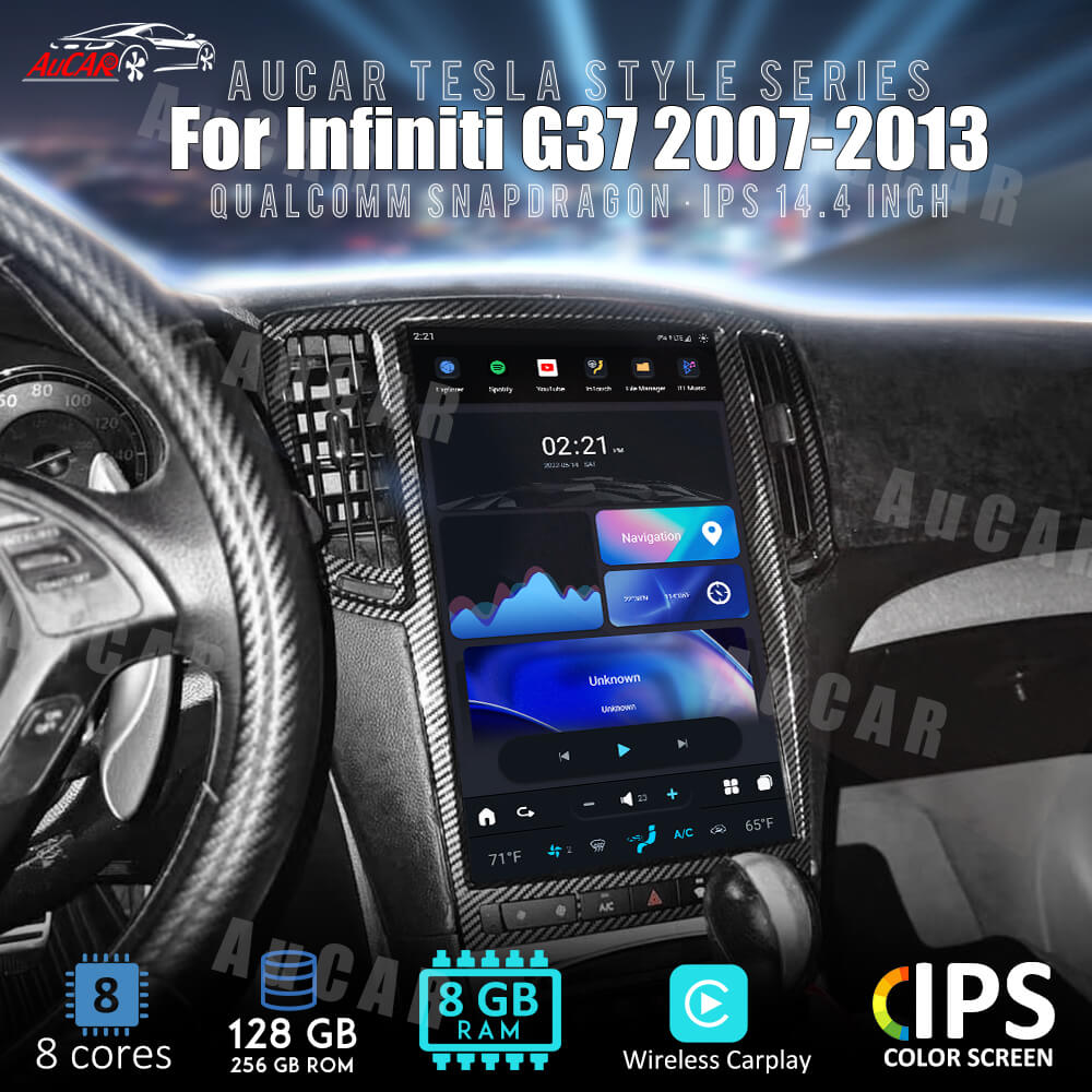 Car dashboard with a large touchscreen display, featuring Aucar branding and specifications.