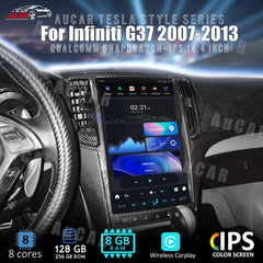 Car dashboard with a large touchscreen display, featuring Aucar branding and specifications.
