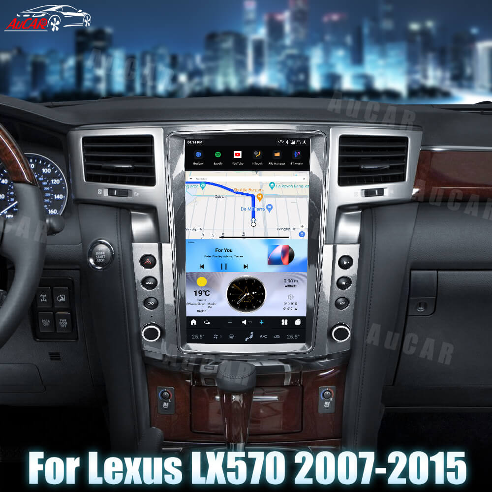 Car dashboard with a navigation system display, cityscape in the background, and 'Aucar' branding.