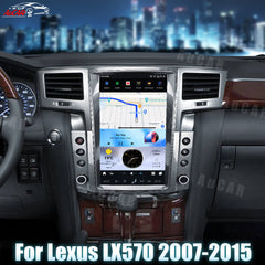 Car dashboard with a navigation system display, cityscape in the background, and 'Aucar' branding.