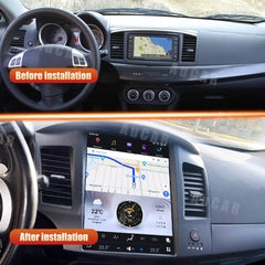 Before and after installation of a car navigation system on a vehicle dashboard.