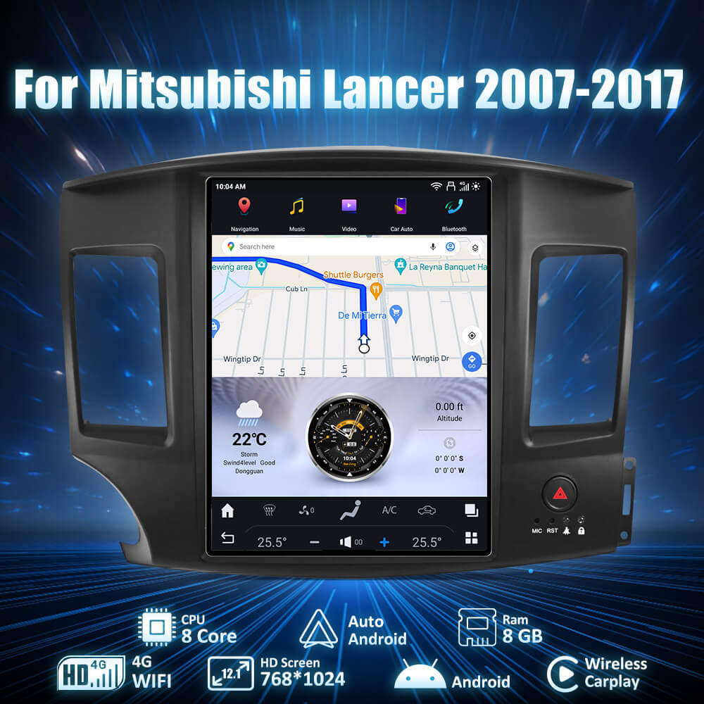 Car multimedia system for Mitsubishi Lancer 2007-2017 with digital display and connectivity features on a blue background.