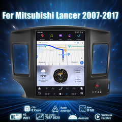 Car multimedia system for Mitsubishi Lancer 2007-2017 with digital display and connectivity features on a blue background.