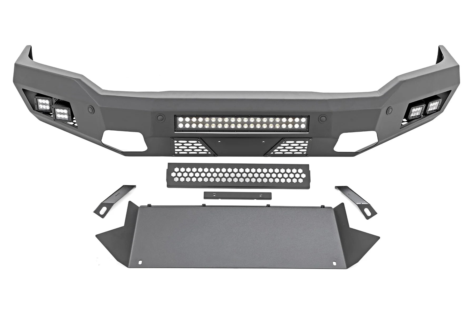 Car bumper assembly with LED lights on a white background