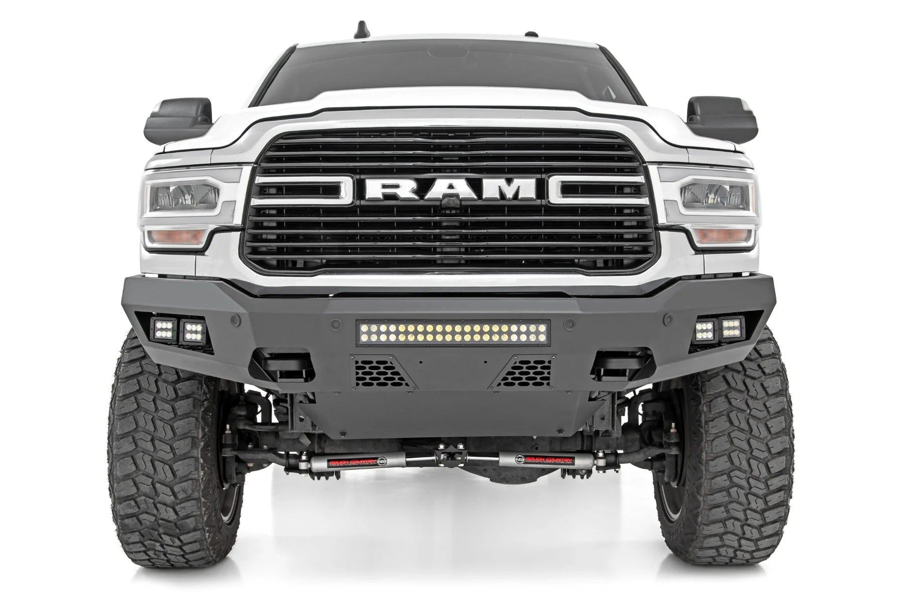 Front view of a RAM truck with a detailed front bumper on a white background