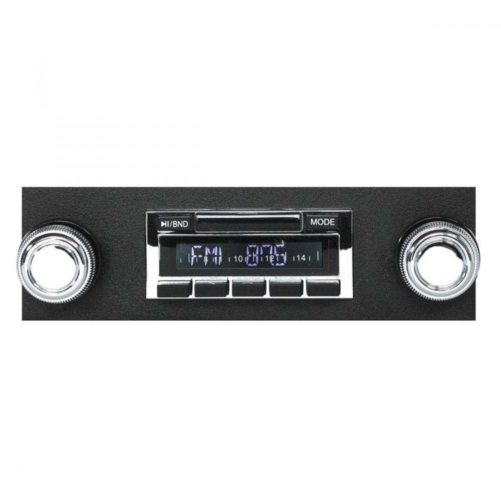 Car radio with digital display and control knobs on a white background