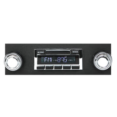 Car radio with digital display and control knobs on a white background