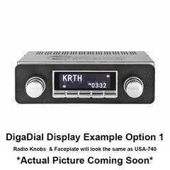 DigaDigital radio display with digital clock and station display on a white background