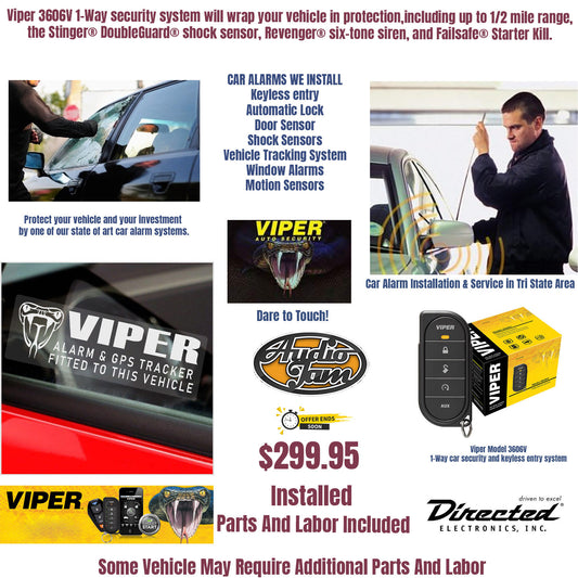 Viper 3606V 1-Way security system will wrap your vehicle in protection,including up to 1/2 mile range,the Stinger® DoubleGuard® shock sensor, Revenger® six-tone siren, and Failsafe® Starter Kill.