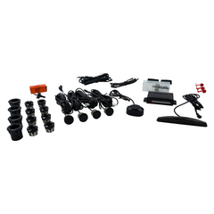 Collection of automotive accessories including sensors, connectors, and a control unit on a white background