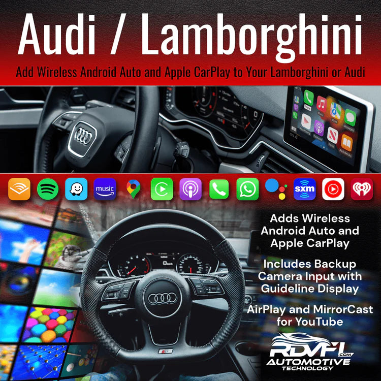 Audi and Lamborghini car dashboard with wireless technology display.
