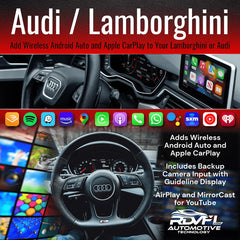 Audi and Lamborghini car dashboard with wireless technology display.