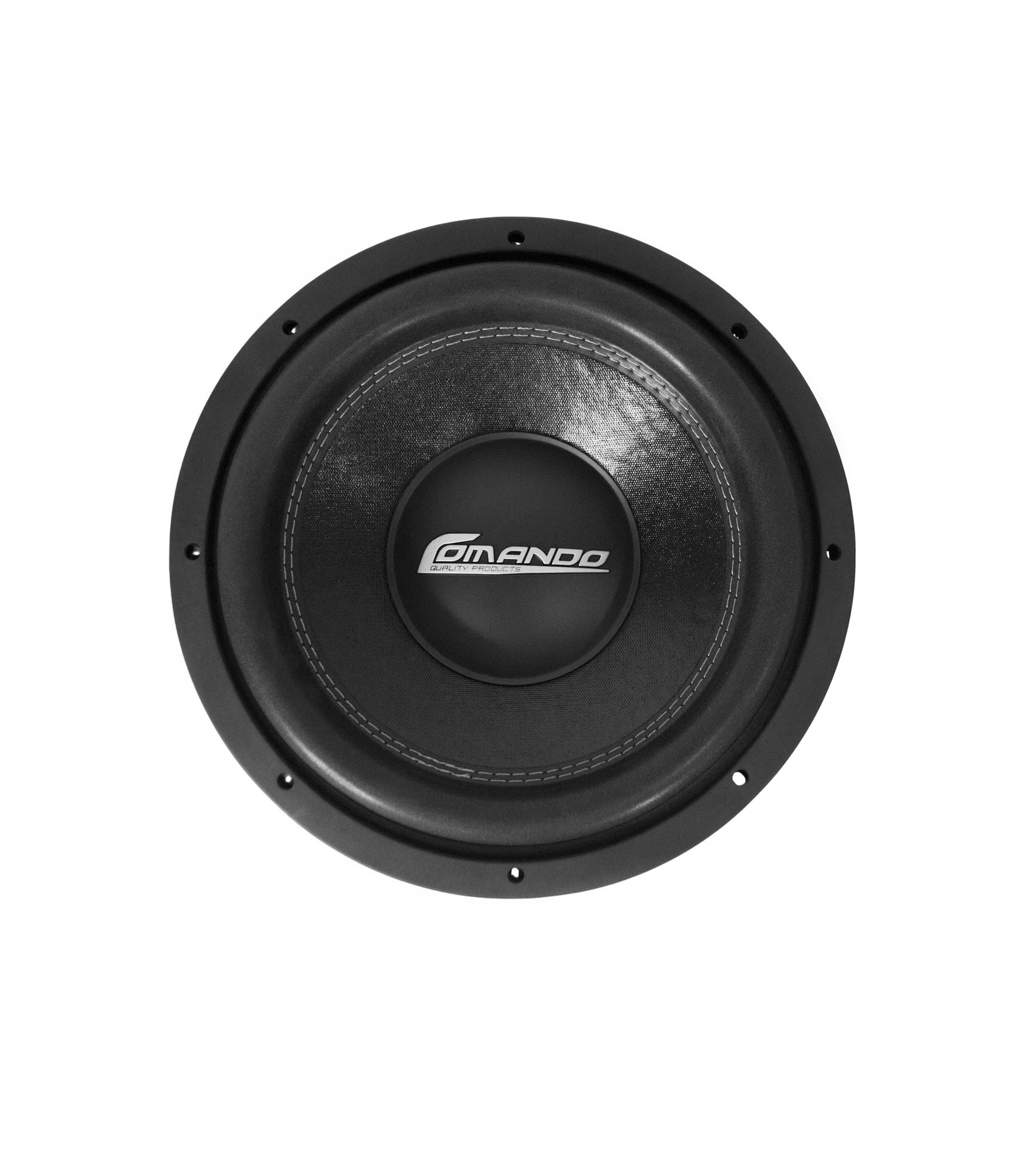 Black subwoofer with 'Comando' branding on a white background