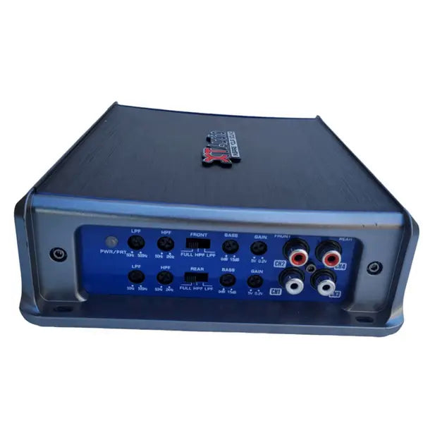 Audio amplifier with control panel on a white background