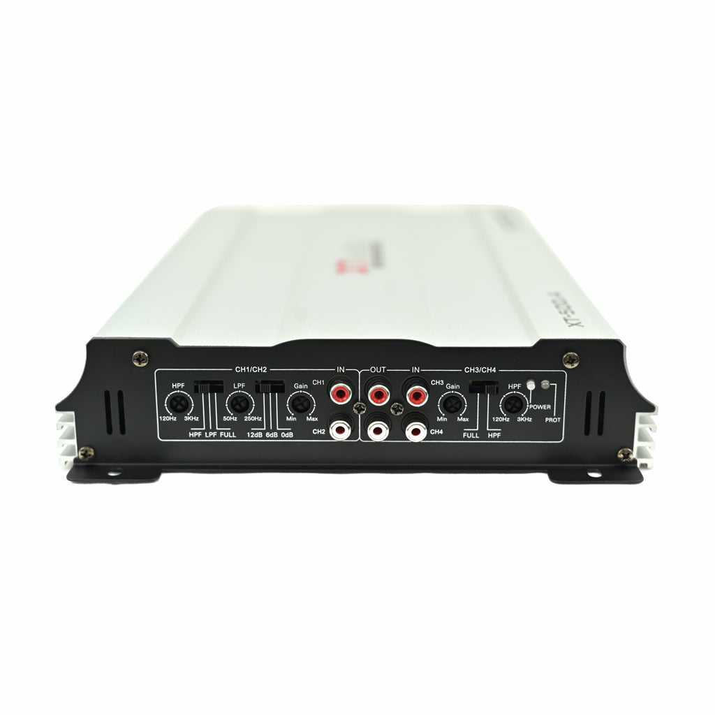 Audio amplifier with control panel on a white background