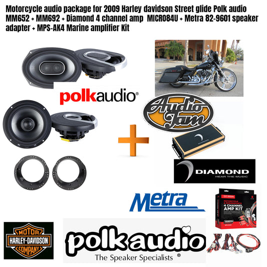 Motorcycle audio package for 2009 Harley davidson Street glide Polk audio MM652 + MM692 + Diamond 4 channel amp  MICRO84U + Metra 82-9601 speaker adapter + MPS-AK4 Marine amplifier Kit