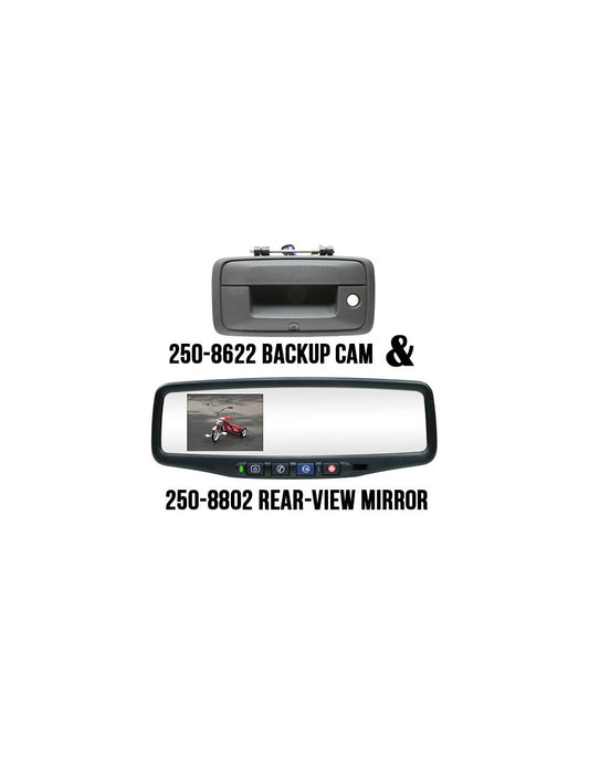 Rostra 250-8802-GM14LC (250-8802-GM14LC) RearSight Rear-View Mirror /w 3.5 TFT LCD Monitor feat. OnStar Controls for 2014 Chevy Silverado & GMC Sierra (250-8802-GM14) & 2014+ Chevy & GMC Tailgate Handle /w Backup CMOS Camera (250-8622)