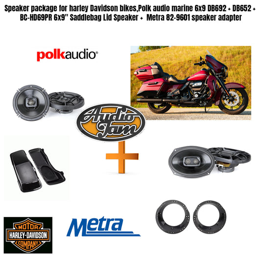 Speaker package for Harley Davidson bikes, Polk audio marine 6x9 DB692 + DB652 + BC-HD69PR 6x9" Saddlebag Lid Speaker +  Metra 82-9601 speaker adapter