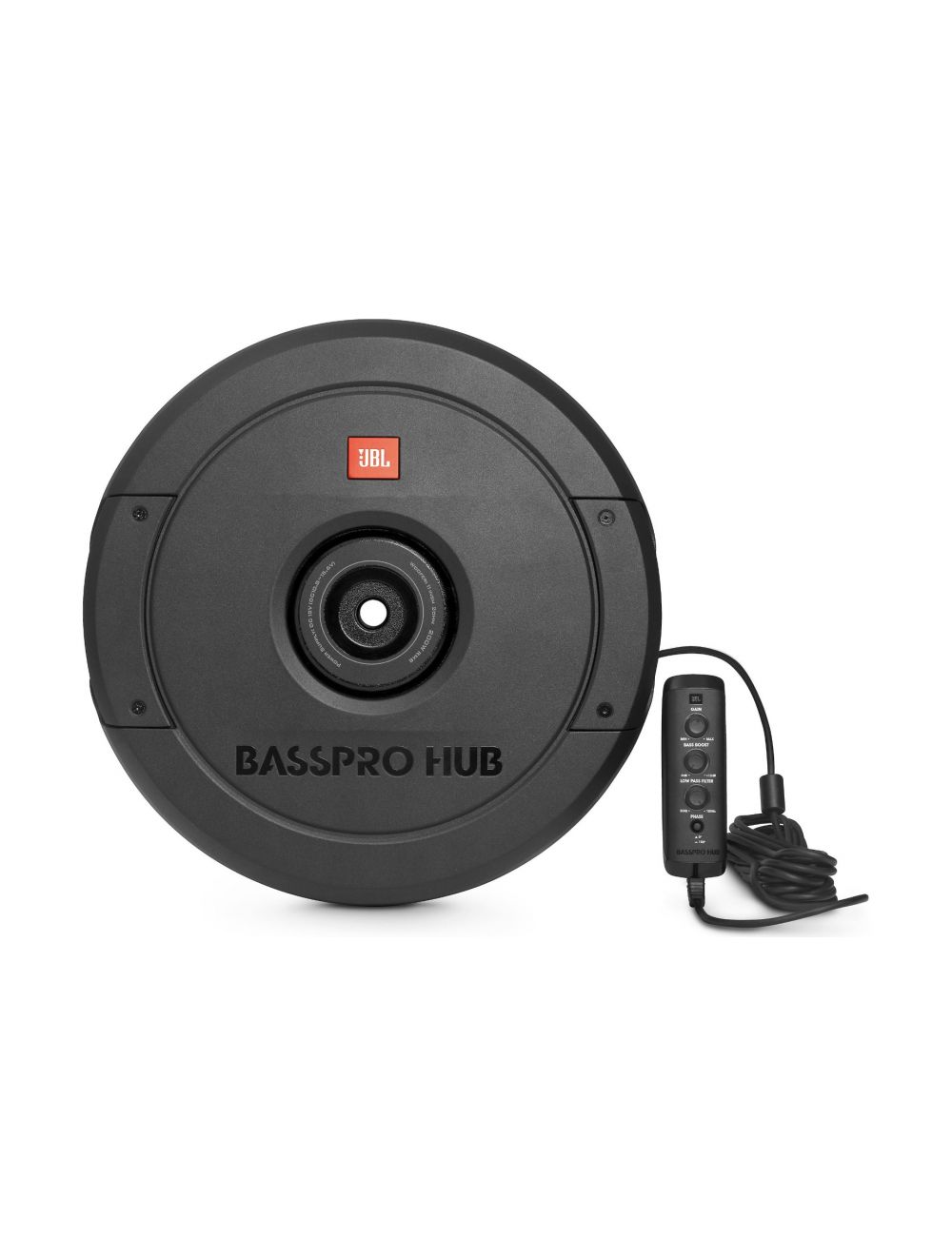 JBL BassPro Hub Powered 11" Car Subwoofer enclosure with 200-watt amp  mounts to hub of spare tire
