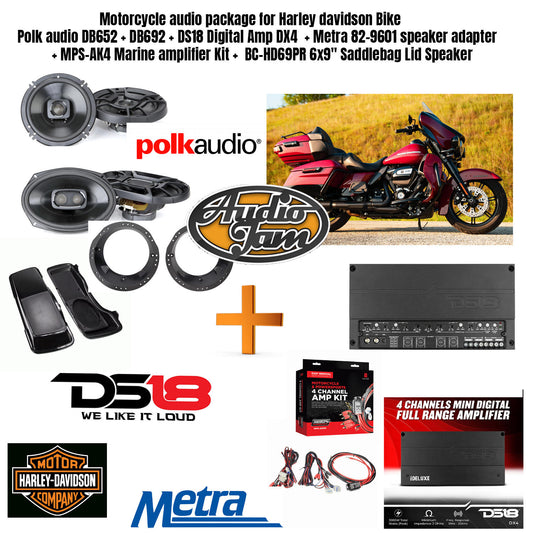 Motorcycle audio package for Harley Davidson Bike  Polk audio DB652 + DB692 + DS18 Digital Amp DX4  + Metra 82-9601 speaker adapter          + MPS-AK4 Marine amplifier Kit + BC-HD69PR 6x9" Saddlebag Lid Speaker