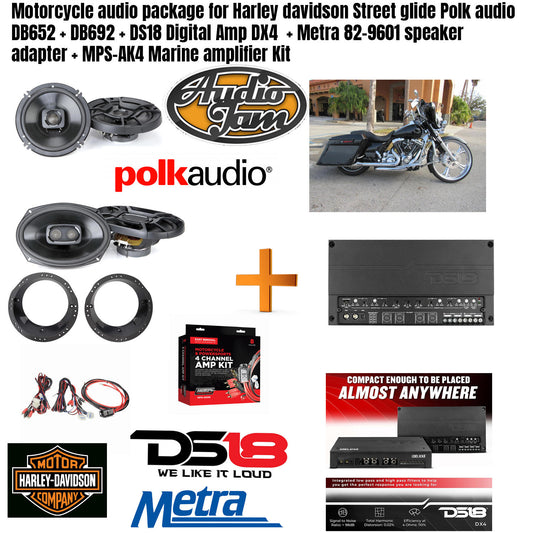 Motorcycle audio package for Harley Davidson Bike Polk audio speaker ds18 amp install parts.