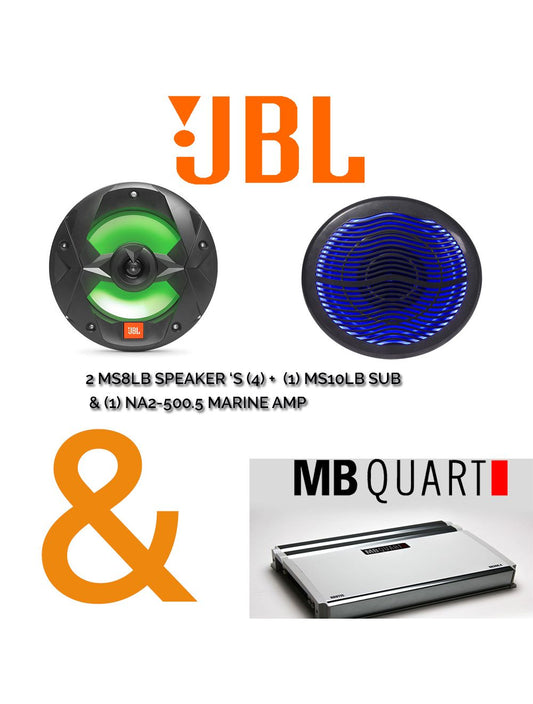 Marine Package  2 pair MS8LB (4) Speakers + (1) MS10LB Sub & MBQUART NA2-500.5 Marine Amp