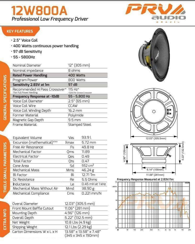 2 X PRV Audio 12W800A 12" Alto Series Professional Woofer 8 Ohm New 2 unit